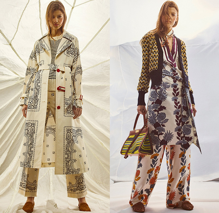 Tory Burch 2020 Pre-Fall Autumn Womens Lookbook Presentation - Amelia Earhart Bandanna Paisley Decorative Art Tribal Flowers Floral Print Embroidery Geometric Fringes Knit Cardigan Denim Jeans Blazer Coat Tie Up Waist Knot Medallion Maxi Dress Wide Leg Palazzo Pants Midi Skirt Cookie Cutter Handbag Sunglasses Scarf Gladiator Sandals Snakeskin Loafers 