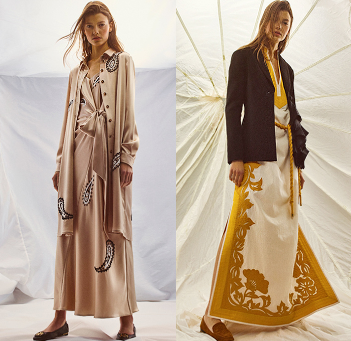 Tory Burch 2020 Pre-Fall Autumn Womens Lookbook Presentation - Amelia Earhart Bandanna Paisley Decorative Art Tribal Flowers Floral Print Embroidery Geometric Fringes Knit Cardigan Denim Jeans Blazer Coat Tie Up Waist Knot Medallion Maxi Dress Wide Leg Palazzo Pants Midi Skirt Cookie Cutter Handbag Sunglasses Scarf Gladiator Sandals Snakeskin Loafers 