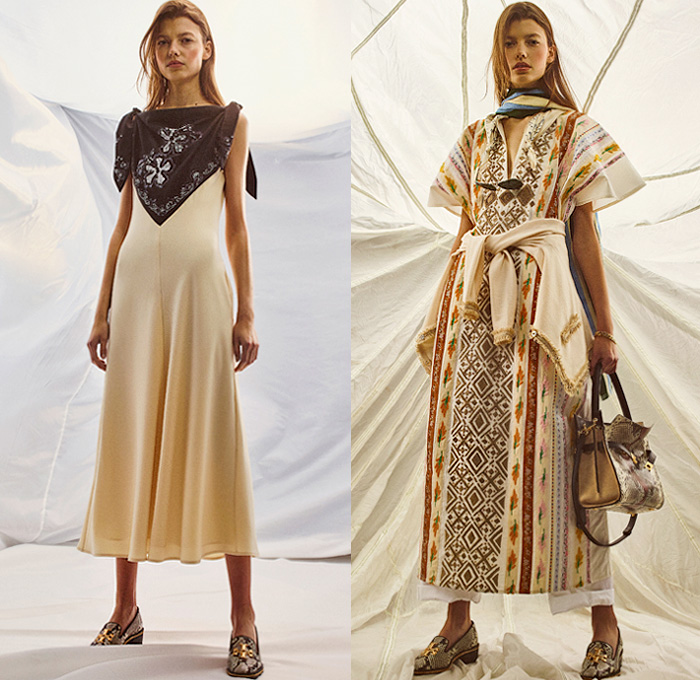 Tory Burch 2020 Pre-Fall Autumn Womens Lookbook Presentation - Amelia Earhart Bandanna Paisley Decorative Art Tribal Flowers Floral Print Embroidery Geometric Fringes Knit Cardigan Denim Jeans Blazer Coat Tie Up Waist Knot Medallion Maxi Dress Wide Leg Palazzo Pants Midi Skirt Cookie Cutter Handbag Sunglasses Scarf Gladiator Sandals Snakeskin Loafers 