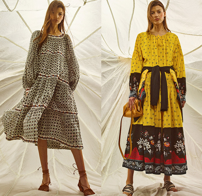 Tory Burch 2020 Pre-Fall Autumn Womens Lookbook Presentation - Amelia Earhart Bandanna Paisley Decorative Art Tribal Flowers Floral Print Embroidery Geometric Fringes Knit Cardigan Denim Jeans Blazer Coat Tie Up Waist Knot Medallion Maxi Dress Wide Leg Palazzo Pants Midi Skirt Cookie Cutter Handbag Sunglasses Scarf Gladiator Sandals Snakeskin Loafers 