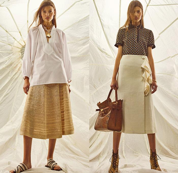 Tory Burch 2020 Pre-Fall Autumn Womens Lookbook Presentation - Amelia Earhart Bandanna Paisley Decorative Art Tribal Flowers Floral Print Embroidery Geometric Fringes Knit Cardigan Denim Jeans Blazer Coat Tie Up Waist Knot Medallion Maxi Dress Wide Leg Palazzo Pants Midi Skirt Cookie Cutter Handbag Sunglasses Scarf Gladiator Sandals Snakeskin Loafers 