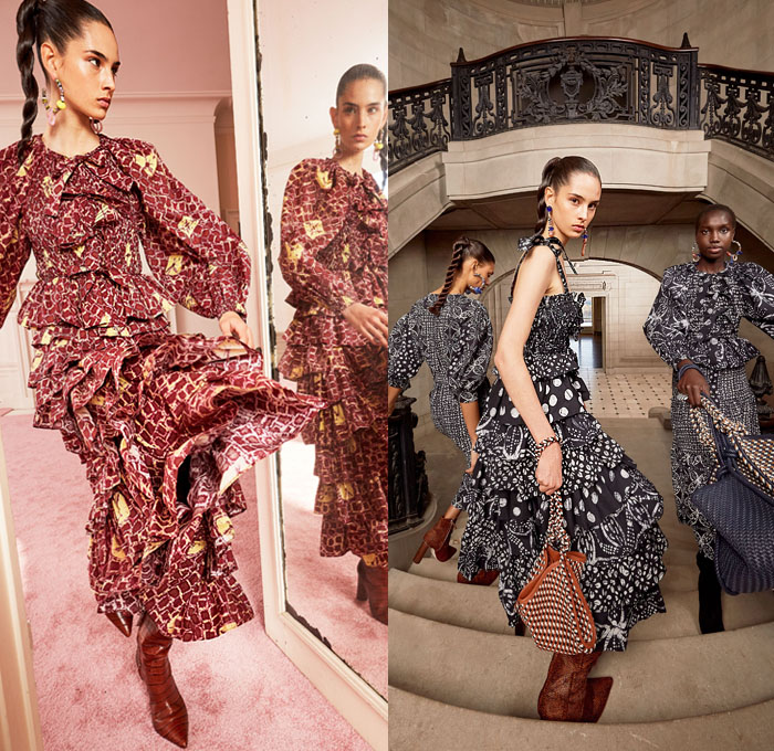 Ulla Johnson 2020 Pre-Fall Autumn Womens Lookbook Presentation - Diamond Shibori Poplin Giraffe Hand-Cabled Knit Crochet Turtleneck Sweater Batik Bedazzled Beads Fringes Straps Lambskin Satin Sarong Wax Resist Handwoven Tiered Ruffles Georgette Gown Dress Knot Ribbons Bow Leopard Print Poufy Shoulders Flap Pockets Cargo Pants Shorts Polka Dots Accordion Pleats Flowers Floral Tiles Cross Halterneck Denim Jeans Snakeskin Thigh High Boots Handbag