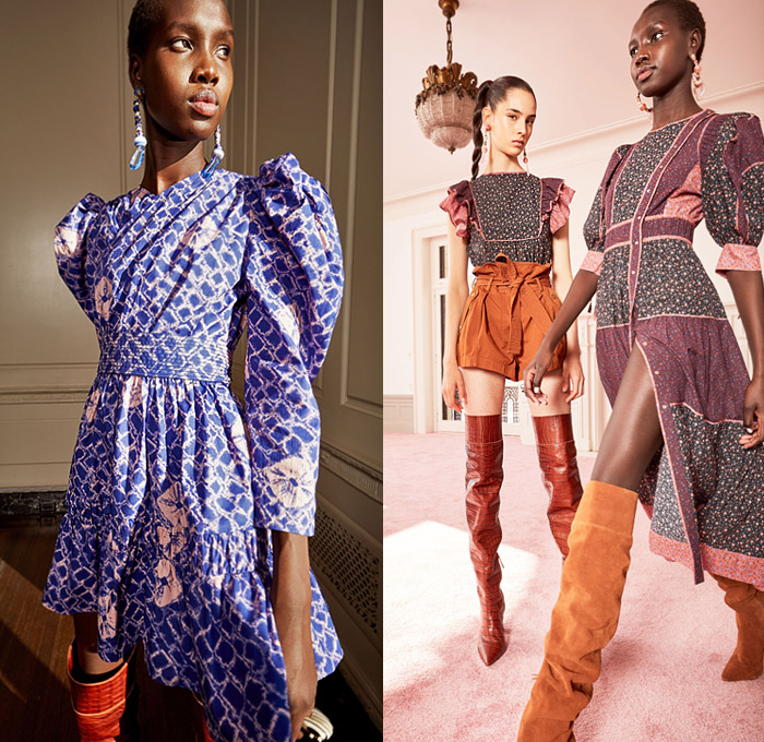 Ulla Johnson 2020 Pre-Fall Autumn Womens Lookbook Presentation - Diamond Shibori Poplin Giraffe Hand-Cabled Knit Crochet Turtleneck Sweater Batik Bedazzled Beads Fringes Straps Lambskin Satin Sarong Wax Resist Handwoven Tiered Ruffles Georgette Gown Dress Knot Ribbons Bow Leopard Print Poufy Shoulders Flap Pockets Cargo Pants Shorts Polka Dots Accordion Pleats Flowers Floral Tiles Cross Halterneck Denim Jeans Snakeskin Thigh High Boots Handbag