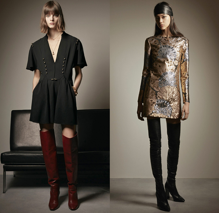 Saint Laurent 2020 Pre-Fall Autumn Womens Lookbook Presentation - Anthony Vaccarello - 1970s Seventies Patchwork Denim Jeans Leopard Ocelot Tiger Snakeskin Coat Cape Vest Turtleneck Knit Crochet Sweater Fringes Prairie Lavallière Neck Blouse Velvet Lambskin Skirt Head Scarf Shorts Lamé Cutwork Lace Silk Embroidery Bedazzled Sequins Beads Medallion Belt Sheer Tulle Chiffon Jacquard Brocade Strapless One Shoulder Dress Bows Check Pinstripe Tights Blazer Pantsuit Thigh High Boots