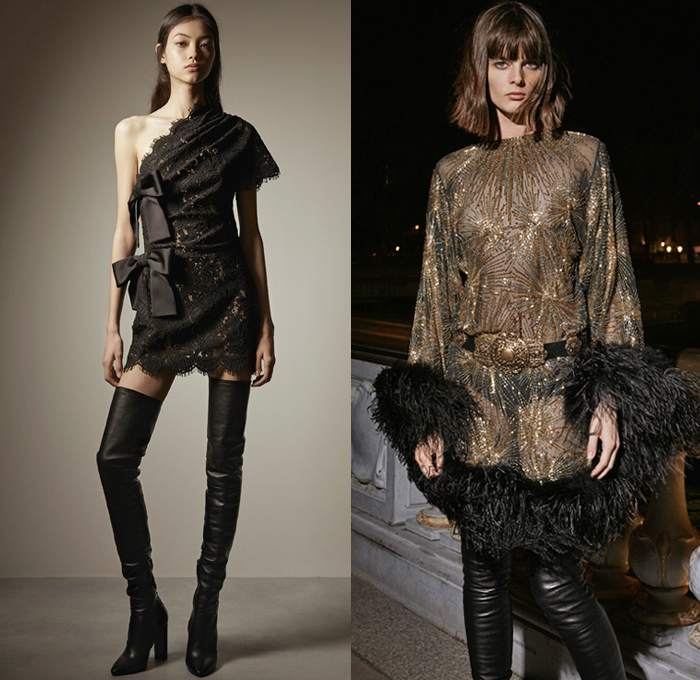 Saint Laurent 2020 Pre-Fall Autumn Womens Lookbook Presentation - Anthony Vaccarello - 1970s Seventies Patchwork Denim Jeans Leopard Ocelot Tiger Snakeskin Coat Cape Vest Turtleneck Knit Crochet Sweater Fringes Prairie Lavallière Neck Blouse Velvet Lambskin Skirt Head Scarf Shorts Lamé Cutwork Lace Silk Embroidery Bedazzled Sequins Beads Medallion Belt Sheer Tulle Chiffon Jacquard Brocade Strapless One Shoulder Dress Bows Check Pinstripe Tights Blazer Pantsuit Thigh High Boots