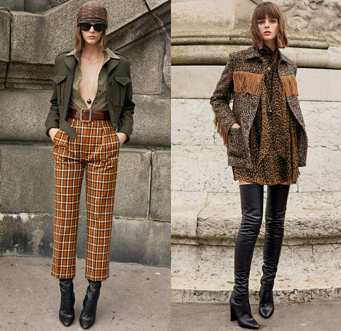 Saint Laurent 2020 Pre-Fall Autumn Womens Lookbook Presentation - Anthony Vaccarello - 1970s Seventies Patchwork Denim Jeans Leopard Ocelot Tiger Snakeskin Coat Cape Vest Turtleneck Knit Crochet Sweater Fringes Prairie Lavallière Neck Blouse Velvet Lambskin Skirt Head Scarf Shorts Lamé Cutwork Lace Silk Embroidery Bedazzled Sequins Beads Medallion Belt Sheer Tulle Chiffon Jacquard Brocade Strapless One Shoulder Dress Bows Check Pinstripe Tights Blazer Pantsuit Thigh High Boots