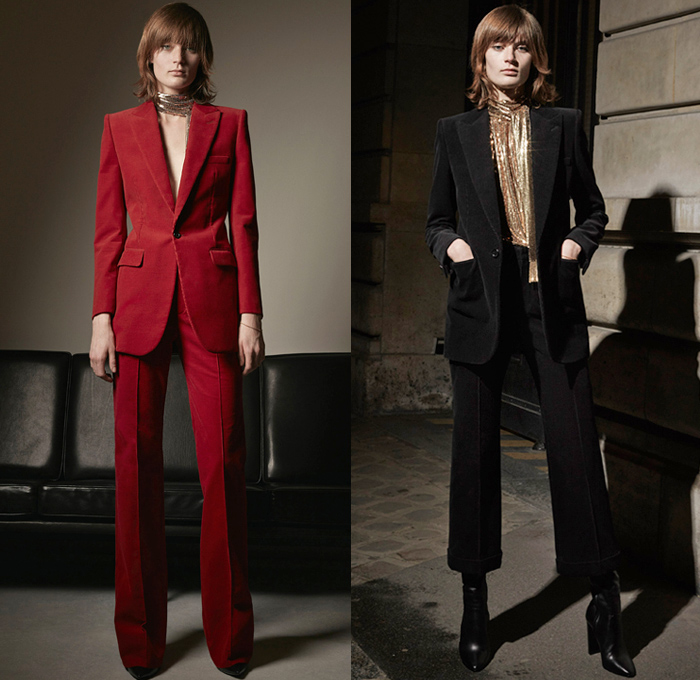 Saint Laurent 2020 Pre-Fall Autumn Womens Lookbook Presentation - Anthony Vaccarello - 1970s Seventies Patchwork Denim Jeans Leopard Ocelot Tiger Snakeskin Coat Cape Vest Turtleneck Knit Crochet Sweater Fringes Prairie Lavallière Neck Blouse Velvet Lambskin Skirt Head Scarf Shorts Lamé Cutwork Lace Silk Embroidery Bedazzled Sequins Beads Medallion Belt Sheer Tulle Chiffon Jacquard Brocade Strapless One Shoulder Dress Bows Check Pinstripe Tights Blazer Pantsuit Thigh High Boots