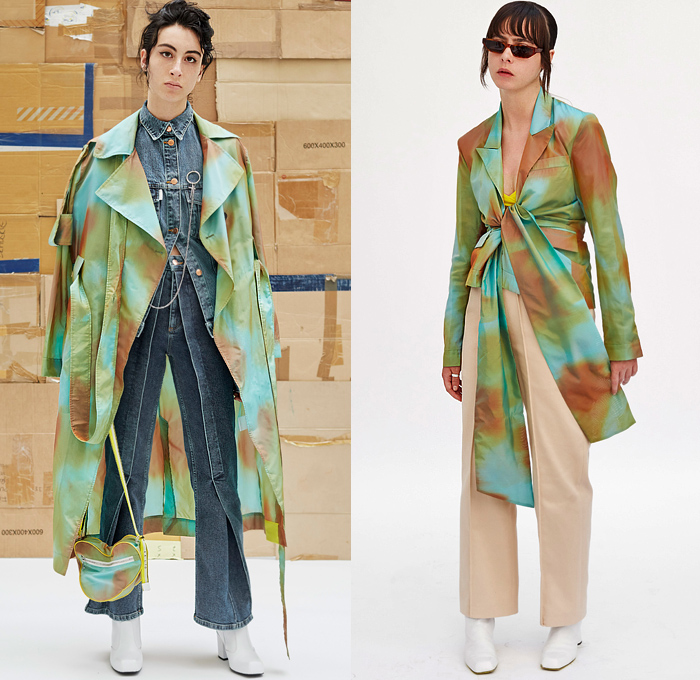 Aalto 2020 Resort Cruise Pre-Spring Womens Lookbook Presentation - Gradient Trench Coat Stitched Leg Panel Denim Jeans Tied Knot Draped Breast Circles Cutout Shoulder Sleeveless Tabard Crop Top Midriff Bralette Halterneck Knit Tiger Split Print Sweater Shirtdress Wide Leg Pants Stripes Fishnet Bag Clogs