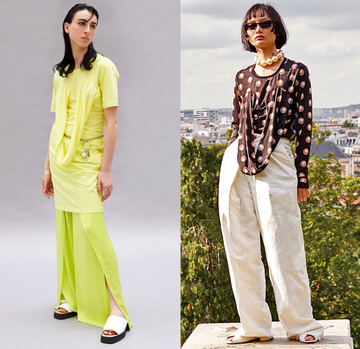 Aalto 2020 Resort Cruise Pre-Spring Womens Lookbook Presentation - Gradient Trench Coat Stitched Leg Panel Denim Jeans Tied Knot Draped Breast Circles Cutout Shoulder Sleeveless Tabard Crop Top Midriff Bralette Halterneck Knit Tiger Split Print Sweater Shirtdress Wide Leg Pants Stripes Fishnet Bag Clogs