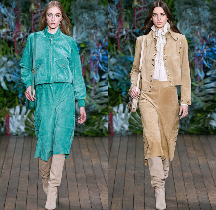 Alberta Ferretti 2020 Resort Cruise Pre-Spring Womens Runway Catwalk Looks Collection - Monte-Carlo Fashion Week Monaco - Underwater World Metal Eyelets Grommets Suede Coat Motorcycle Biker Bomber Jacket Denim Jeans Blouse Tiered Ruffles Crop Top Midriff FIshscales Cargo Pockets Sheer Chiffon Maxi Dress Gown Bedazzled Sequins Lace Embroidery Plumetis Feathers Pastel Jumpsuit Coveralls High Waist Tapered Pants Romper Combishorts Cutoffs Culottes Miniskirt Crossbody Bag Boots