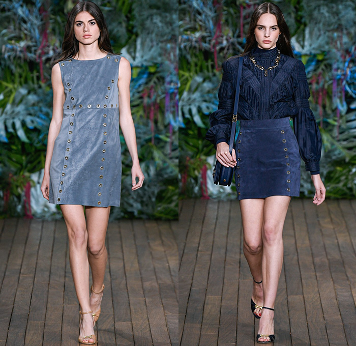 Alberta Ferretti 2020 Resort Cruise Pre-Spring Womens Runway Catwalk Looks Collection - Monte-Carlo Fashion Week Monaco - Underwater World Metal Eyelets Grommets Suede Coat Motorcycle Biker Bomber Jacket Denim Jeans Blouse Tiered Ruffles Crop Top Midriff FIshscales Cargo Pockets Sheer Chiffon Maxi Dress Gown Bedazzled Sequins Lace Embroidery Plumetis Feathers Pastel Jumpsuit Coveralls High Waist Tapered Pants Romper Combishorts Cutoffs Culottes Miniskirt Crossbody Bag Boots