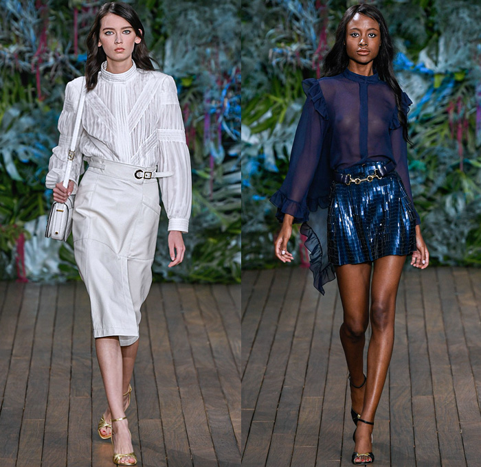 Alberta Ferretti 2020 Resort Cruise Pre-Spring Womens Runway Catwalk Looks Collection - Monte-Carlo Fashion Week Monaco - Underwater World Metal Eyelets Grommets Suede Coat Motorcycle Biker Bomber Jacket Denim Jeans Blouse Tiered Ruffles Crop Top Midriff FIshscales Cargo Pockets Sheer Chiffon Maxi Dress Gown Bedazzled Sequins Lace Embroidery Plumetis Feathers Pastel Jumpsuit Coveralls High Waist Tapered Pants Romper Combishorts Cutoffs Culottes Miniskirt Crossbody Bag Boots