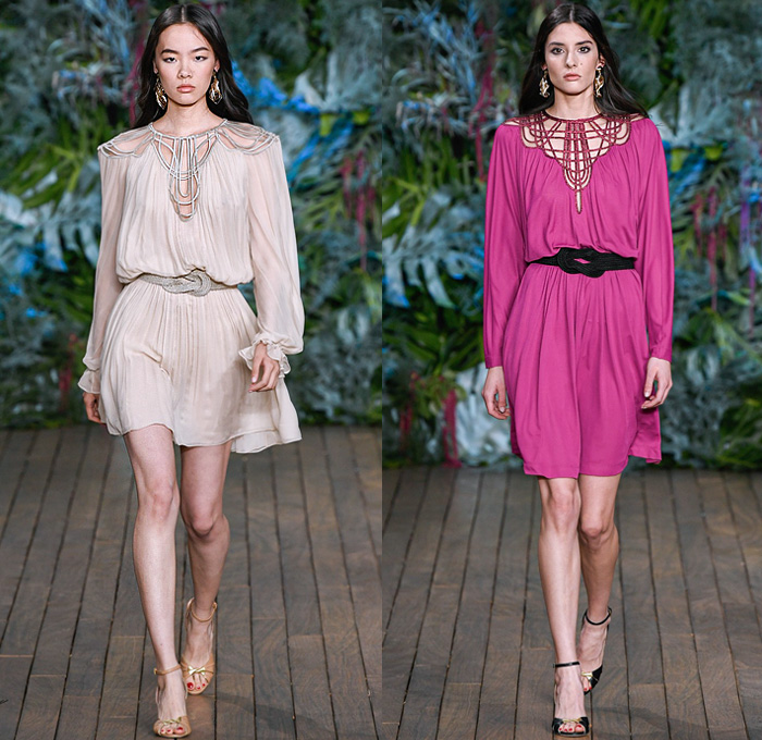 Alberta Ferretti 2020 Resort Cruise Pre-Spring Womens Runway Catwalk Looks Collection - Monte-Carlo Fashion Week Monaco - Underwater World Metal Eyelets Grommets Suede Coat Motorcycle Biker Bomber Jacket Denim Jeans Blouse Tiered Ruffles Crop Top Midriff FIshscales Cargo Pockets Sheer Chiffon Maxi Dress Gown Bedazzled Sequins Lace Embroidery Plumetis Feathers Pastel Jumpsuit Coveralls High Waist Tapered Pants Romper Combishorts Cutoffs Culottes Miniskirt Crossbody Bag Boots