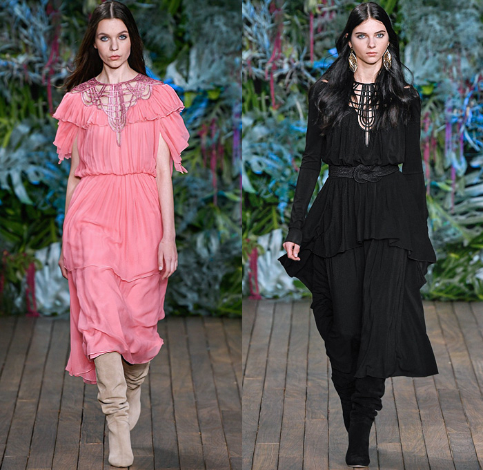 Alberta Ferretti 2020 Resort Cruise Pre-Spring Womens Runway Catwalk Looks Collection - Monte-Carlo Fashion Week Monaco - Underwater World Metal Eyelets Grommets Suede Coat Motorcycle Biker Bomber Jacket Denim Jeans Blouse Tiered Ruffles Crop Top Midriff FIshscales Cargo Pockets Sheer Chiffon Maxi Dress Gown Bedazzled Sequins Lace Embroidery Plumetis Feathers Pastel Jumpsuit Coveralls High Waist Tapered Pants Romper Combishorts Cutoffs Culottes Miniskirt Crossbody Bag Boots