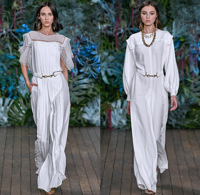 Alberta Ferretti 2020 Resort Cruise Pre-Spring Womens Runway Catwalk Looks Collection - Monte-Carlo Fashion Week Monaco - Underwater World Metal Eyelets Grommets Suede Coat Motorcycle Biker Bomber Jacket Denim Jeans Blouse Tiered Ruffles Crop Top Midriff FIshscales Cargo Pockets Sheer Chiffon Maxi Dress Gown Bedazzled Sequins Lace Embroidery Plumetis Feathers Pastel Jumpsuit Coveralls High Waist Tapered Pants Romper Combishorts Cutoffs Culottes Miniskirt Crossbody Bag Boots