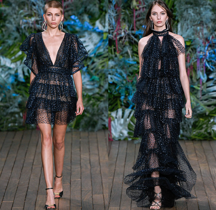 Alberta Ferretti 2020 Resort Cruise Pre-Spring Womens Runway Catwalk Looks Collection - Monte-Carlo Fashion Week Monaco - Underwater World Metal Eyelets Grommets Suede Coat Motorcycle Biker Bomber Jacket Denim Jeans Blouse Tiered Ruffles Crop Top Midriff FIshscales Cargo Pockets Sheer Chiffon Maxi Dress Gown Bedazzled Sequins Lace Embroidery Plumetis Feathers Pastel Jumpsuit Coveralls High Waist Tapered Pants Romper Combishorts Cutoffs Culottes Miniskirt Crossbody Bag Boots