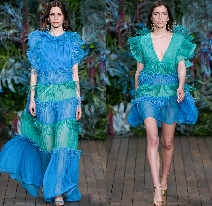 Alberta Ferretti 2020 Resort Cruise Pre-Spring Womens Runway Catwalk Looks Collection - Monte-Carlo Fashion Week Monaco - Underwater World Metal Eyelets Grommets Suede Coat Motorcycle Biker Bomber Jacket Denim Jeans Blouse Tiered Ruffles Crop Top Midriff FIshscales Cargo Pockets Sheer Chiffon Maxi Dress Gown Bedazzled Sequins Lace Embroidery Plumetis Feathers Pastel Jumpsuit Coveralls High Waist Tapered Pants Romper Combishorts Cutoffs Culottes Miniskirt Crossbody Bag Boots