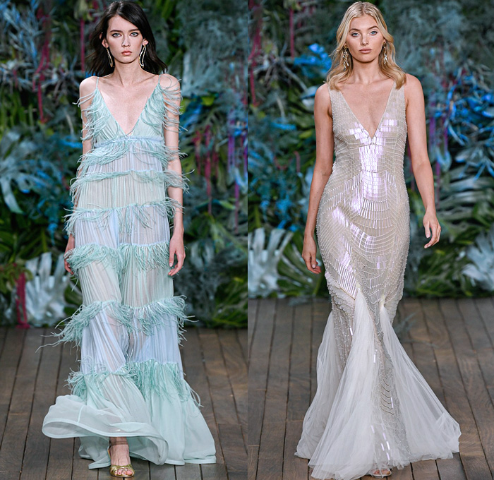 Alberta Ferretti 2020 Resort Cruise Pre-Spring Womens Runway Catwalk Looks Collection - Monte-Carlo Fashion Week Monaco - Underwater World Metal Eyelets Grommets Suede Coat Motorcycle Biker Bomber Jacket Denim Jeans Blouse Tiered Ruffles Crop Top Midriff FIshscales Cargo Pockets Sheer Chiffon Maxi Dress Gown Bedazzled Sequins Lace Embroidery Plumetis Feathers Pastel Jumpsuit Coveralls High Waist Tapered Pants Romper Combishorts Cutoffs Culottes Miniskirt Crossbody Bag Boots