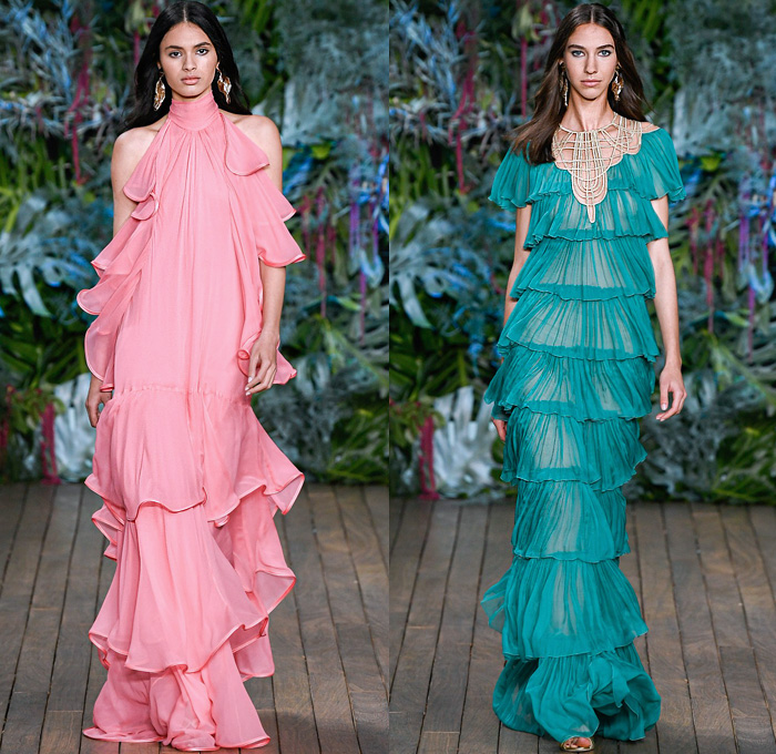 Alberta Ferretti 2020 Resort Cruise Pre-Spring Womens Runway Catwalk Looks Collection - Monte-Carlo Fashion Week Monaco - Underwater World Metal Eyelets Grommets Suede Coat Motorcycle Biker Bomber Jacket Denim Jeans Blouse Tiered Ruffles Crop Top Midriff FIshscales Cargo Pockets Sheer Chiffon Maxi Dress Gown Bedazzled Sequins Lace Embroidery Plumetis Feathers Pastel Jumpsuit Coveralls High Waist Tapered Pants Romper Combishorts Cutoffs Culottes Miniskirt Crossbody Bag Boots