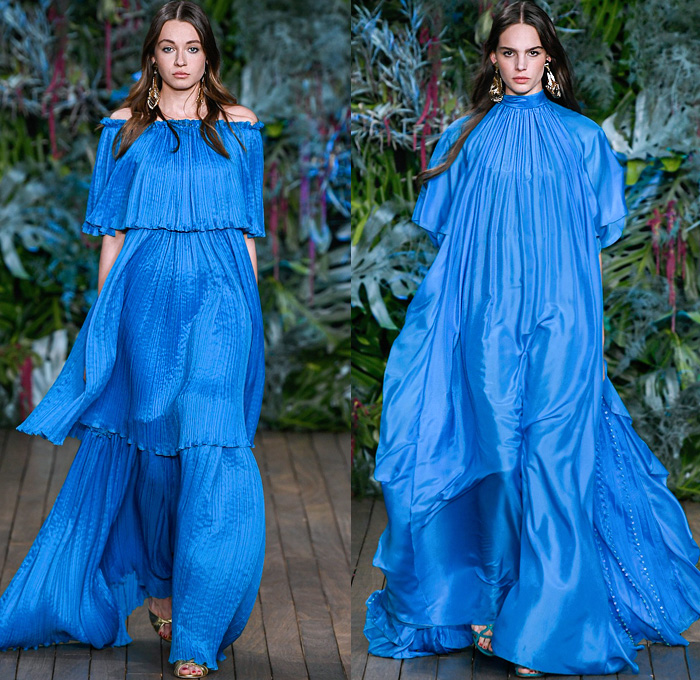 Alberta Ferretti 2020 Resort Cruise Pre-Spring Womens Runway Catwalk Looks Collection - Monte-Carlo Fashion Week Monaco - Underwater World Metal Eyelets Grommets Suede Coat Motorcycle Biker Bomber Jacket Denim Jeans Blouse Tiered Ruffles Crop Top Midriff FIshscales Cargo Pockets Sheer Chiffon Maxi Dress Gown Bedazzled Sequins Lace Embroidery Plumetis Feathers Pastel Jumpsuit Coveralls High Waist Tapered Pants Romper Combishorts Cutoffs Culottes Miniskirt Crossbody Bag Boots