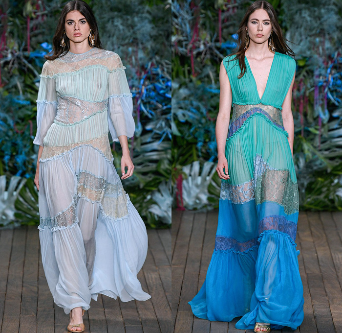 Alberta Ferretti 2020 Resort Cruise Pre-Spring Womens Runway Catwalk Looks Collection - Monte-Carlo Fashion Week Monaco - Underwater World Metal Eyelets Grommets Suede Coat Motorcycle Biker Bomber Jacket Denim Jeans Blouse Tiered Ruffles Crop Top Midriff FIshscales Cargo Pockets Sheer Chiffon Maxi Dress Gown Bedazzled Sequins Lace Embroidery Plumetis Feathers Pastel Jumpsuit Coveralls High Waist Tapered Pants Romper Combishorts Cutoffs Culottes Miniskirt Crossbody Bag Boots