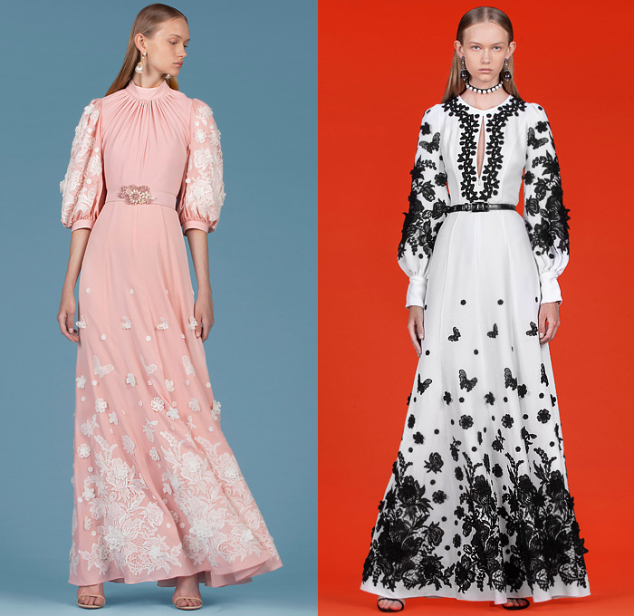 Andrew Gn 2020 Resort Cruise Pre-Spring Womens Lookbook Presentation - Lace Victorian Needlework Embroidery Vintage Guipure Appliqué Silk Canton Flowers Floral Butterflies Insects Trompe L'oeil Poufy Shoulders Tweed Jacket Coat Slip Dress Maxi Gown Bedazzled Jewels Gems Sequins Pearls Miniskirt Fringes Cargo Pockets Pleats Cinch Bell Sleeves Mullet Waterfall High-Low Hem Denim Jeans Capri Sheer Accordion Pleats Skirt Sweater Ruffles Choker Bucket Hat Snakeskin Boots Handbag