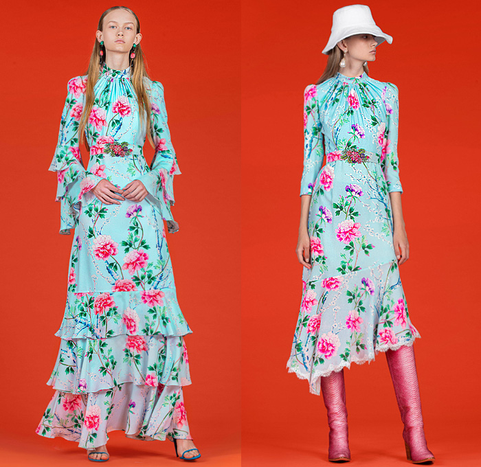 Andrew Gn 2020 Resort Cruise Pre-Spring Womens Lookbook Presentation - Lace Victorian Needlework Embroidery Vintage Guipure Appliqué Silk Canton Flowers Floral Butterflies Insects Trompe L'oeil Poufy Shoulders Tweed Jacket Coat Slip Dress Maxi Gown Bedazzled Jewels Gems Sequins Pearls Miniskirt Fringes Cargo Pockets Pleats Cinch Bell Sleeves Mullet Waterfall High-Low Hem Denim Jeans Capri Sheer Accordion Pleats Skirt Sweater Ruffles Choker Bucket Hat Snakeskin Boots Handbag