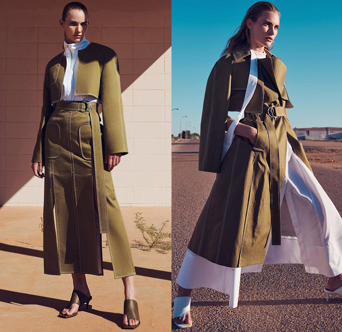 CAMILLA AND MARC 2020 Resort Cruise Pre-Spring Womens Lookbook Presentation - Dichotomy Topography Map Flowers Floral Print Sheer Chiffon Strapless Tweed Dress Bell Sleeves Contrast Stitching Trench Coat Jacket Blouse Shirt Scarf Metallic Satin Poufy Sleeves Wide Leg Palazzo Pants Sandals Fanny Pack Belt Pouch Bum Bag