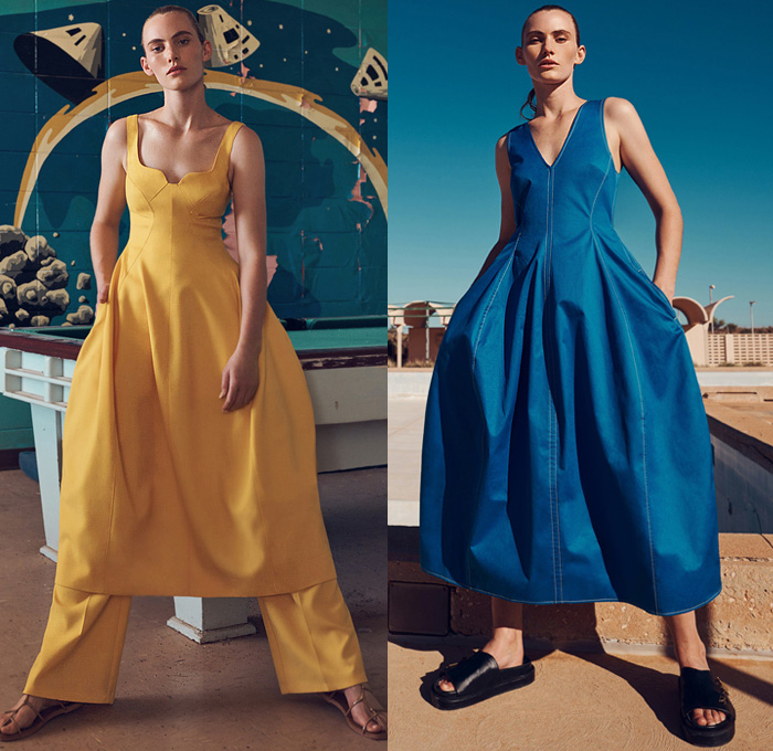 CAMILLA AND MARC 2020 Resort Cruise Pre-Spring Womens Lookbook Presentation - Dichotomy Topography Map Flowers Floral Print Sheer Chiffon Strapless Tweed Dress Bell Sleeves Contrast Stitching Trench Coat Jacket Blouse Shirt Scarf Metallic Satin Poufy Sleeves Wide Leg Palazzo Pants Sandals Fanny Pack Belt Pouch Bum Bag