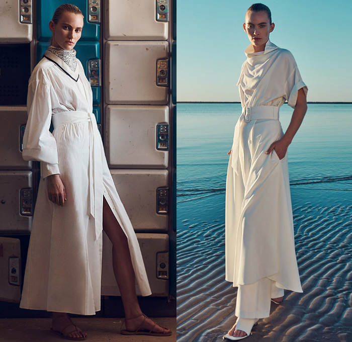 CAMILLA AND MARC 2020 Resort Cruise Pre-Spring Womens Lookbook Presentation - Dichotomy Topography Map Flowers Floral Print Sheer Chiffon Strapless Tweed Dress Bell Sleeves Contrast Stitching Trench Coat Jacket Blouse Shirt Scarf Metallic Satin Poufy Sleeves Wide Leg Palazzo Pants Sandals Fanny Pack Belt Pouch Bum Bag