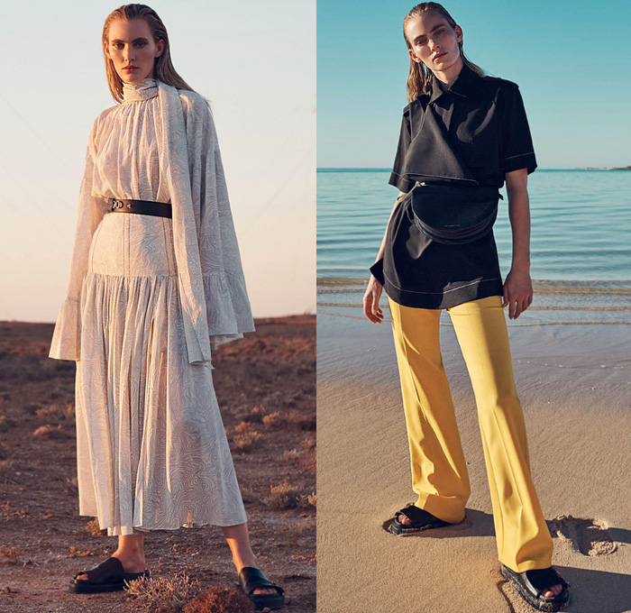 CAMILLA AND MARC 2020 Resort Cruise Pre-Spring Womens Lookbook Presentation - Dichotomy Topography Map Flowers Floral Print Sheer Chiffon Strapless Tweed Dress Bell Sleeves Contrast Stitching Trench Coat Jacket Blouse Shirt Scarf Metallic Satin Poufy Sleeves Wide Leg Palazzo Pants Sandals Fanny Pack Belt Pouch Bum Bag