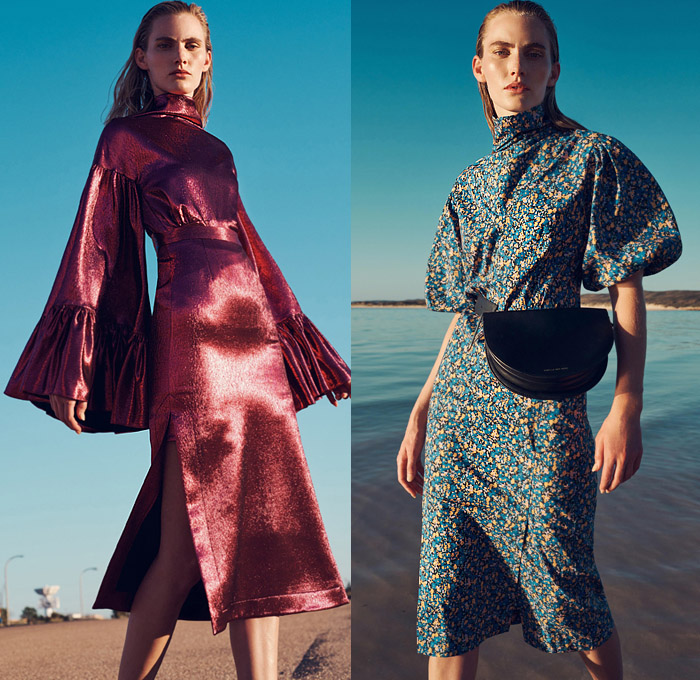 CAMILLA AND MARC 2020 Resort Cruise Pre-Spring Womens Lookbook Presentation - Dichotomy Topography Map Flowers Floral Print Sheer Chiffon Strapless Tweed Dress Bell Sleeves Contrast Stitching Trench Coat Jacket Blouse Shirt Scarf Metallic Satin Poufy Sleeves Wide Leg Palazzo Pants Sandals Fanny Pack Belt Pouch Bum Bag