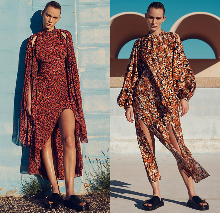 CAMILLA AND MARC 2020 Resort Cruise Pre-Spring Womens Lookbook Presentation - Dichotomy Topography Map Flowers Floral Print Sheer Chiffon Strapless Tweed Dress Bell Sleeves Contrast Stitching Trench Coat Jacket Blouse Shirt Scarf Metallic Satin Poufy Sleeves Wide Leg Palazzo Pants Sandals Fanny Pack Belt Pouch Bum Bag