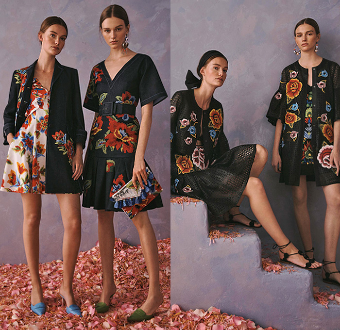 Carolina Herrera 2020 Resort Cruise Pre-Spring Womens Lookbook Presentation Wes Gordon - 1960s Sixties Mod Headband Pantsuit Blazerdress Pearl Earrings Shirtdress Knot Giant Bow Denim Jeans Flowers Floral Embroidery Bedazzled Sequins Mesh Lace Cutwork Lasercut Leg O'Mutton Sleeves Poufy Shoulders Strapless Dress Gown Wide Belt Miniskirt Coat Crop Blouse Wide Leg Palazzo Pants Colorful Stripes Polka Dots Rooster Ruffles Sheer Tulle Tutu Purse Clutch Tassels Kitten Heels Sandals