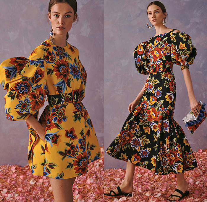 Carolina Herrera 2020 Resort Cruise Pre-Spring Womens Lookbook Presentation Wes Gordon - 1960s Sixties Mod Headband Pantsuit Blazerdress Pearl Earrings Shirtdress Knot Giant Bow Denim Jeans Flowers Floral Embroidery Bedazzled Sequins Mesh Lace Cutwork Lasercut Leg O'Mutton Sleeves Poufy Shoulders Strapless Dress Gown Wide Belt Miniskirt Coat Crop Blouse Wide Leg Palazzo Pants Colorful Stripes Polka Dots Rooster Ruffles Sheer Tulle Tutu Purse Clutch Tassels Kitten Heels Sandals