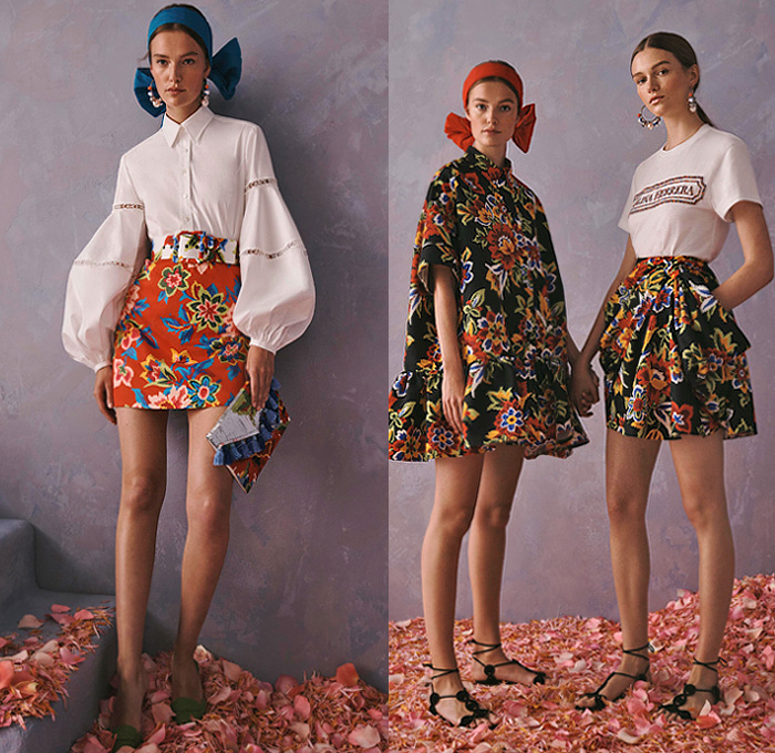 Carolina Herrera 2020 Resort Cruise Pre-Spring Womens Lookbook Presentation Wes Gordon - 1960s Sixties Mod Headband Pantsuit Blazerdress Pearl Earrings Shirtdress Knot Giant Bow Denim Jeans Flowers Floral Embroidery Bedazzled Sequins Mesh Lace Cutwork Lasercut Leg O'Mutton Sleeves Poufy Shoulders Strapless Dress Gown Wide Belt Miniskirt Coat Crop Blouse Wide Leg Palazzo Pants Colorful Stripes Polka Dots Rooster Ruffles Sheer Tulle Tutu Purse Clutch Tassels Kitten Heels Sandals