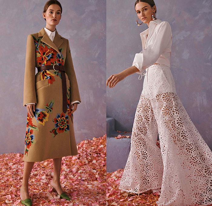 Carolina Herrera 2020 Resort Cruise Pre-Spring Womens Lookbook Presentation Wes Gordon - 1960s Sixties Mod Headband Pantsuit Blazerdress Pearl Earrings Shirtdress Knot Giant Bow Denim Jeans Flowers Floral Embroidery Bedazzled Sequins Mesh Lace Cutwork Lasercut Leg O'Mutton Sleeves Poufy Shoulders Strapless Dress Gown Wide Belt Miniskirt Coat Crop Blouse Wide Leg Palazzo Pants Colorful Stripes Polka Dots Rooster Ruffles Sheer Tulle Tutu Purse Clutch Tassels Kitten Heels Sandals