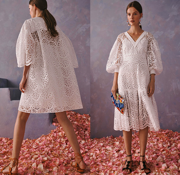 Carolina Herrera 2020 Resort Cruise Pre-Spring Womens Lookbook Presentation Wes Gordon - 1960s Sixties Mod Headband Pantsuit Blazerdress Pearl Earrings Shirtdress Knot Giant Bow Denim Jeans Flowers Floral Embroidery Bedazzled Sequins Mesh Lace Cutwork Lasercut Leg O'Mutton Sleeves Poufy Shoulders Strapless Dress Gown Wide Belt Miniskirt Coat Crop Blouse Wide Leg Palazzo Pants Colorful Stripes Polka Dots Rooster Ruffles Sheer Tulle Tutu Purse Clutch Tassels Kitten Heels Sandals