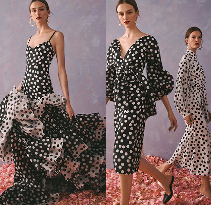 Carolina Herrera 2020 Resort Cruise Pre-Spring Womens Lookbook Presentation Wes Gordon - 1960s Sixties Mod Headband Pantsuit Blazerdress Pearl Earrings Shirtdress Knot Giant Bow Denim Jeans Flowers Floral Embroidery Bedazzled Sequins Mesh Lace Cutwork Lasercut Leg O'Mutton Sleeves Poufy Shoulders Strapless Dress Gown Wide Belt Miniskirt Coat Crop Blouse Wide Leg Palazzo Pants Colorful Stripes Polka Dots Rooster Ruffles Sheer Tulle Tutu Purse Clutch Tassels Kitten Heels Sandals