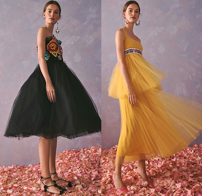 Carolina Herrera 2020 Resort Cruise Pre-Spring Womens Lookbook Presentation Wes Gordon - 1960s Sixties Mod Headband Pantsuit Blazerdress Pearl Earrings Shirtdress Knot Giant Bow Denim Jeans Flowers Floral Embroidery Bedazzled Sequins Mesh Lace Cutwork Lasercut Leg O'Mutton Sleeves Poufy Shoulders Strapless Dress Gown Wide Belt Miniskirt Coat Crop Blouse Wide Leg Palazzo Pants Colorful Stripes Polka Dots Rooster Ruffles Sheer Tulle Tutu Purse Clutch Tassels Kitten Heels Sandals