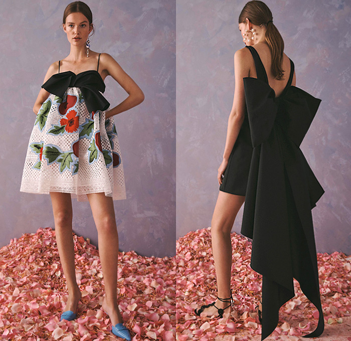 Carolina Herrera 2020 Resort Cruise Pre-Spring Womens Lookbook Presentation Wes Gordon - 1960s Sixties Mod Headband Pantsuit Blazerdress Pearl Earrings Shirtdress Knot Giant Bow Denim Jeans Flowers Floral Embroidery Bedazzled Sequins Mesh Lace Cutwork Lasercut Leg O'Mutton Sleeves Poufy Shoulders Strapless Dress Gown Wide Belt Miniskirt Coat Crop Blouse Wide Leg Palazzo Pants Colorful Stripes Polka Dots Rooster Ruffles Sheer Tulle Tutu Purse Clutch Tassels Kitten Heels Sandals