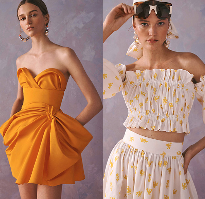 Carolina Herrera 2020 Resort Cruise Pre-Spring Womens Lookbook Presentation Wes Gordon - 1960s Sixties Mod Headband Pantsuit Blazerdress Pearl Earrings Shirtdress Knot Giant Bow Denim Jeans Flowers Floral Embroidery Bedazzled Sequins Mesh Lace Cutwork Lasercut Leg O'Mutton Sleeves Poufy Shoulders Strapless Dress Gown Wide Belt Miniskirt Coat Crop Blouse Wide Leg Palazzo Pants Colorful Stripes Polka Dots Rooster Ruffles Sheer Tulle Tutu Purse Clutch Tassels Kitten Heels Sandals