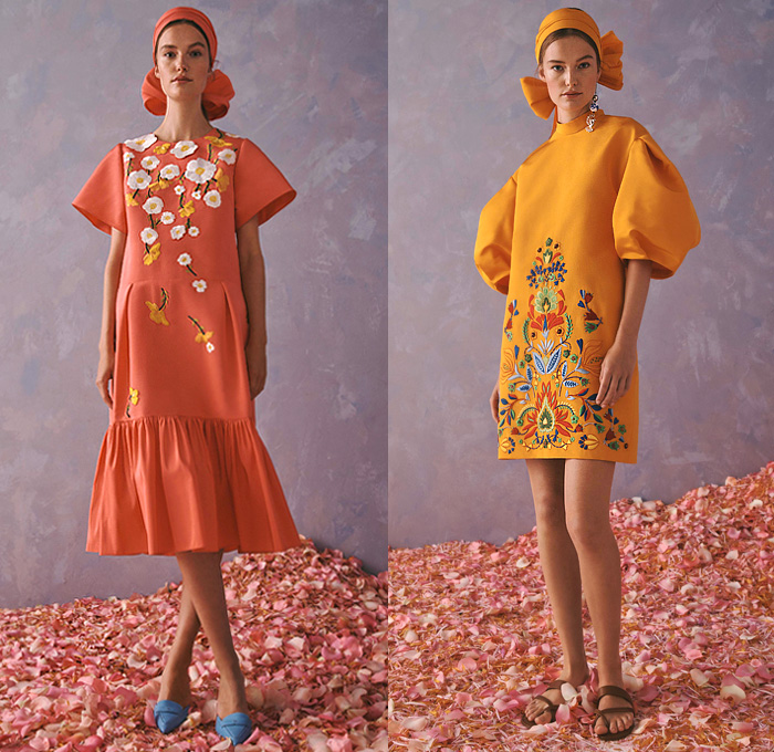 Carolina Herrera 2020 Resort Cruise Pre-Spring Womens Lookbook Presentation Wes Gordon - 1960s Sixties Mod Headband Pantsuit Blazerdress Pearl Earrings Shirtdress Knot Giant Bow Denim Jeans Flowers Floral Embroidery Bedazzled Sequins Mesh Lace Cutwork Lasercut Leg O'Mutton Sleeves Poufy Shoulders Strapless Dress Gown Wide Belt Miniskirt Coat Crop Blouse Wide Leg Palazzo Pants Colorful Stripes Polka Dots Rooster Ruffles Sheer Tulle Tutu Purse Clutch Tassels Kitten Heels Sandals