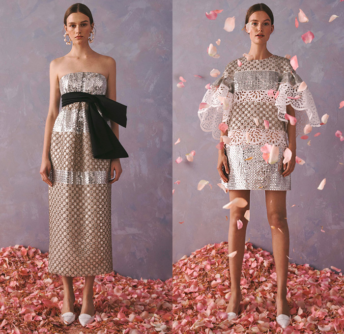 Carolina Herrera 2020 Resort Cruise Pre-Spring Womens Lookbook Presentation Wes Gordon - 1960s Sixties Mod Headband Pantsuit Blazerdress Pearl Earrings Shirtdress Knot Giant Bow Denim Jeans Flowers Floral Embroidery Bedazzled Sequins Mesh Lace Cutwork Lasercut Leg O'Mutton Sleeves Poufy Shoulders Strapless Dress Gown Wide Belt Miniskirt Coat Crop Blouse Wide Leg Palazzo Pants Colorful Stripes Polka Dots Rooster Ruffles Sheer Tulle Tutu Purse Clutch Tassels Kitten Heels Sandals