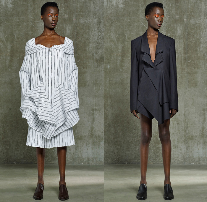 Hussein Chalayan 2020 Resort Cruise Pre-Spring Womens Lookbook Presentation - Deconstructed Drape Gather Twist Curl Knot Tied Laces Folds Cinch Drawstring Strings Strap Silk Satin Blouse Stripes Onesie Shirtdress Mesh Blazerdress Contrast Stitching Coat Hay Print Extra Sleeve Obi Sash Wrap Band Halterneck Dress Jumpsuit Coveralls Wide Leg Skirt Double Hem Shorts Fringes