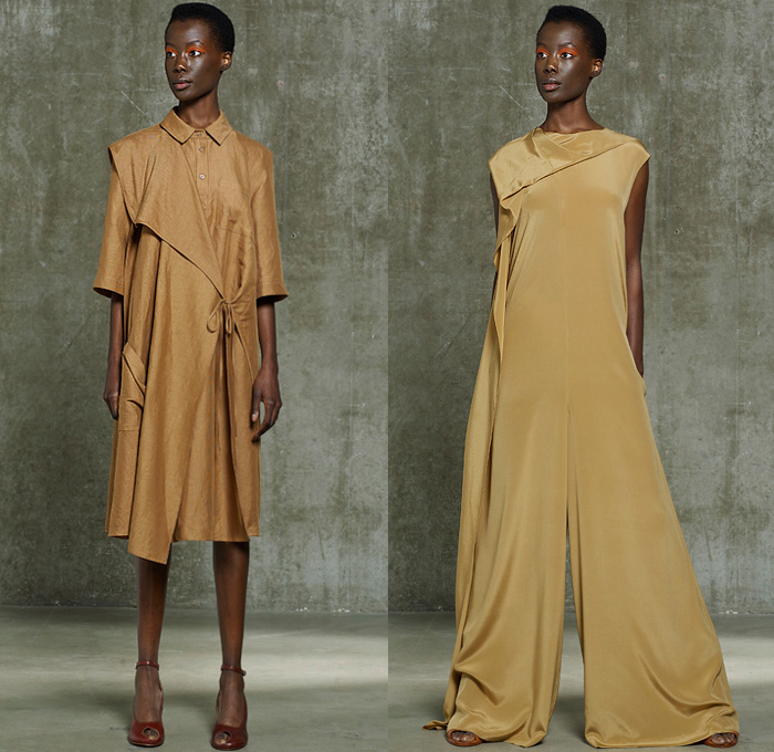 Hussein Chalayan 2020 Resort Cruise Pre-Spring Womens Lookbook Presentation - Deconstructed Drape Gather Twist Curl Knot Tied Laces Folds Cinch Drawstring Strings Strap Silk Satin Blouse Stripes Onesie Shirtdress Mesh Blazerdress Contrast Stitching Coat Hay Print Extra Sleeve Obi Sash Wrap Band Halterneck Dress Jumpsuit Coveralls Wide Leg Skirt Double Hem Shorts Fringes