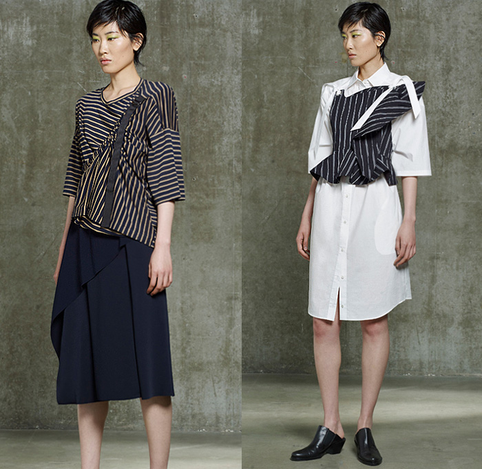 Hussein Chalayan 2020 Resort Cruise Pre-Spring Womens Lookbook Presentation - Deconstructed Drape Gather Twist Curl Knot Tied Laces Folds Cinch Drawstring Strings Strap Silk Satin Blouse Stripes Onesie Shirtdress Mesh Blazerdress Contrast Stitching Coat Hay Print Extra Sleeve Obi Sash Wrap Band Halterneck Dress Jumpsuit Coveralls Wide Leg Skirt Double Hem Shorts Fringes