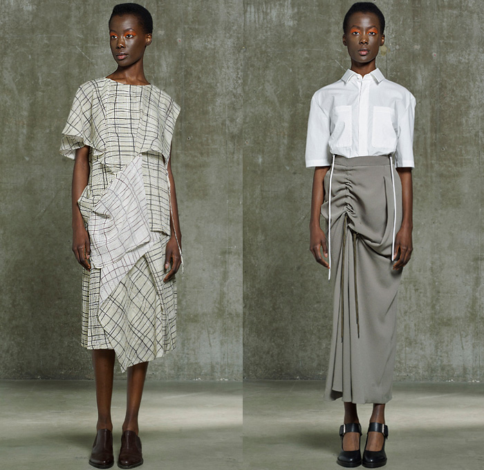 Hussein Chalayan 2020 Resort Cruise Pre-Spring Womens Lookbook Presentation - Deconstructed Drape Gather Twist Curl Knot Tied Laces Folds Cinch Drawstring Strings Strap Silk Satin Blouse Stripes Onesie Shirtdress Mesh Blazerdress Contrast Stitching Coat Hay Print Extra Sleeve Obi Sash Wrap Band Halterneck Dress Jumpsuit Coveralls Wide Leg Skirt Double Hem Shorts Fringes