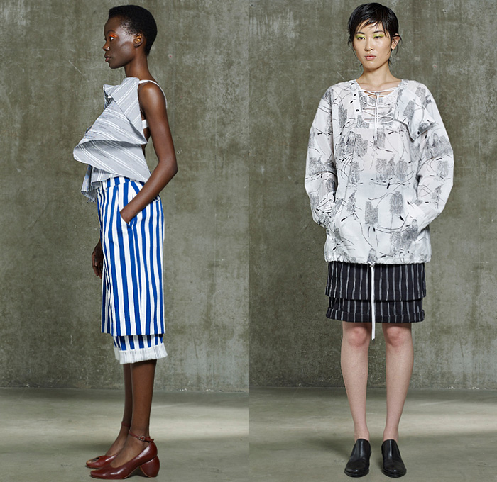 Hussein Chalayan 2020 Resort Cruise Pre-Spring Womens Lookbook Presentation - Deconstructed Drape Gather Twist Curl Knot Tied Laces Folds Cinch Drawstring Strings Strap Silk Satin Blouse Stripes Onesie Shirtdress Mesh Blazerdress Contrast Stitching Coat Hay Print Extra Sleeve Obi Sash Wrap Band Halterneck Dress Jumpsuit Coveralls Wide Leg Skirt Double Hem Shorts Fringes