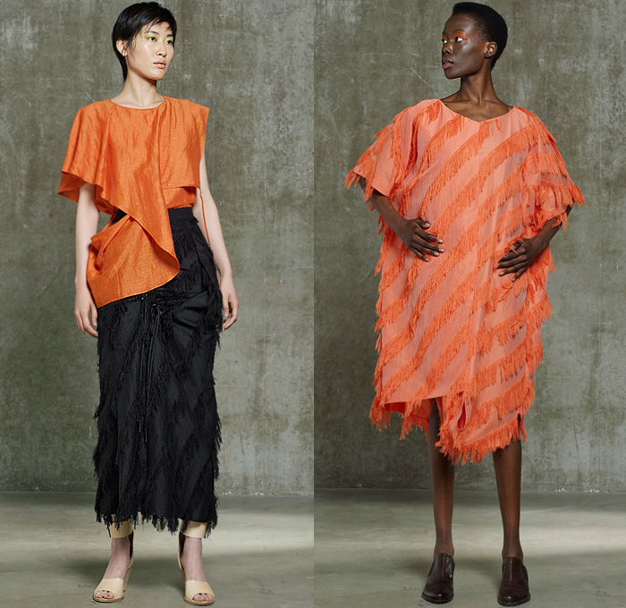 Hussein Chalayan 2020 Resort Cruise Pre-Spring Womens Lookbook Presentation - Deconstructed Drape Gather Twist Curl Knot Tied Laces Folds Cinch Drawstring Strings Strap Silk Satin Blouse Stripes Onesie Shirtdress Mesh Blazerdress Contrast Stitching Coat Hay Print Extra Sleeve Obi Sash Wrap Band Halterneck Dress Jumpsuit Coveralls Wide Leg Skirt Double Hem Shorts Fringes